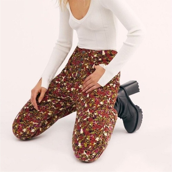 Free People Pants - Free People Sun Chaser Floral Cream High Rise Button Fly Corduroy Retro Pants 25